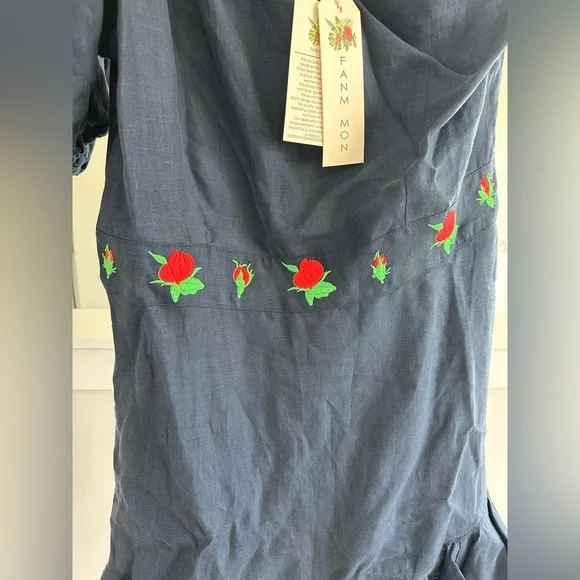 Fanm Mon 100% Linen Blue One-Shoulder Dress with Floral Embroidery